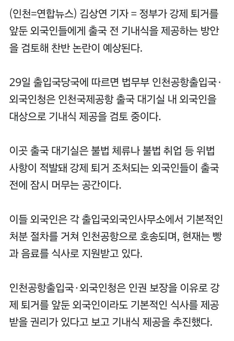 '강제 퇴거' 불법체류자에 기내식 제공 검토…찬반 논란 예상