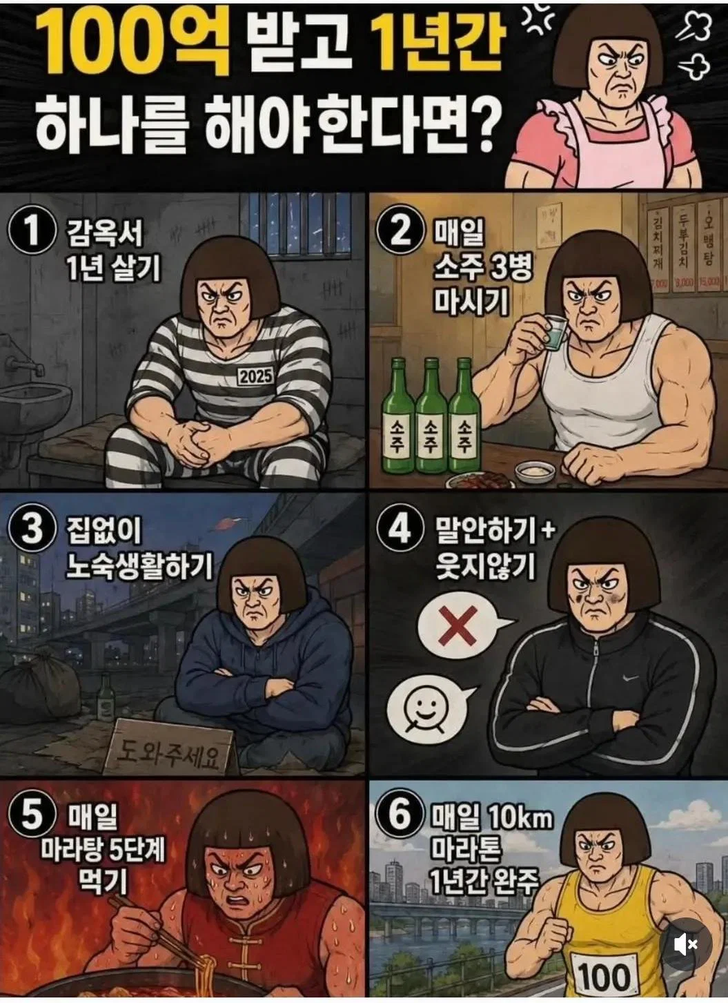 100억 받고 1년간 하나를 해야한다면?