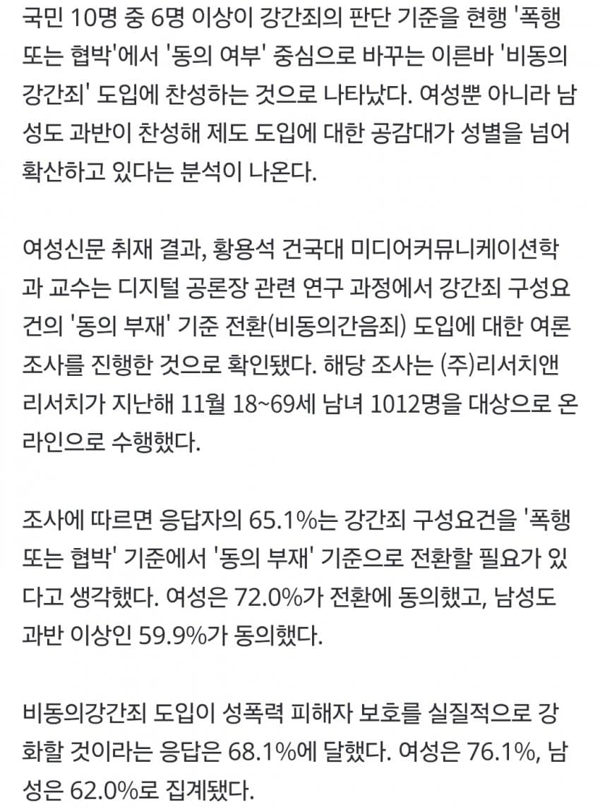 국민 65.1% “비동의강간죄 필요”… 남성도 절반 넘게 찬성 (4)