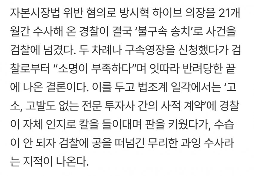 '고소·고발 없었는데…’ 방시혁 의장 인지 수사