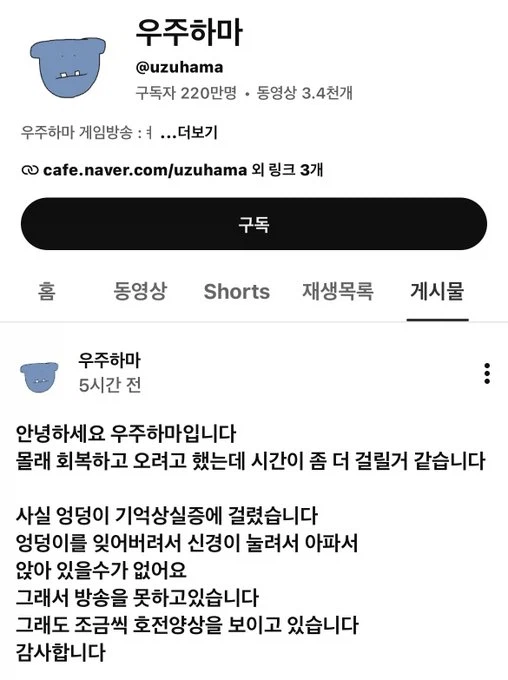 200만 유튜버의 휴방사유