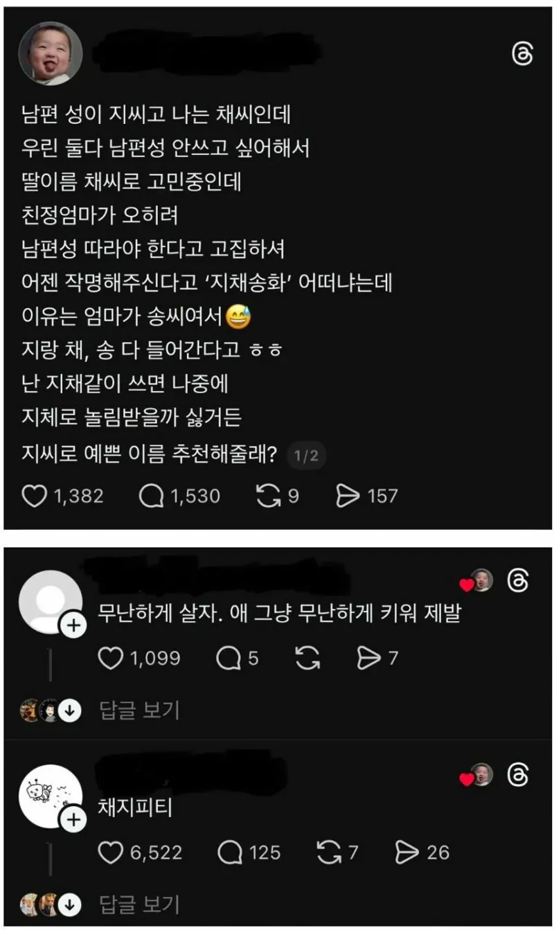 남편 성이 지씨고 난 채씨인데 아기 성을 채씨로 고민중