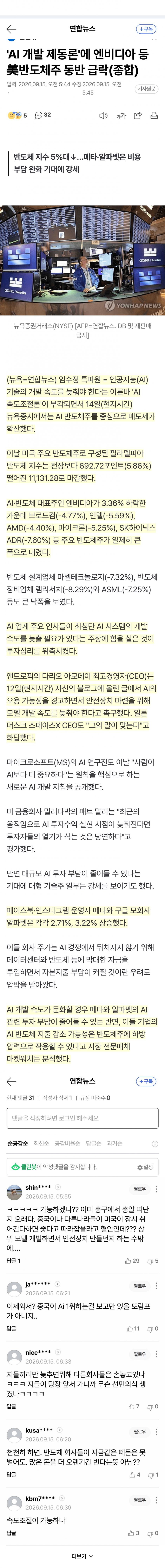 AI 속도조절론에 반도체주 줄줄이 급락