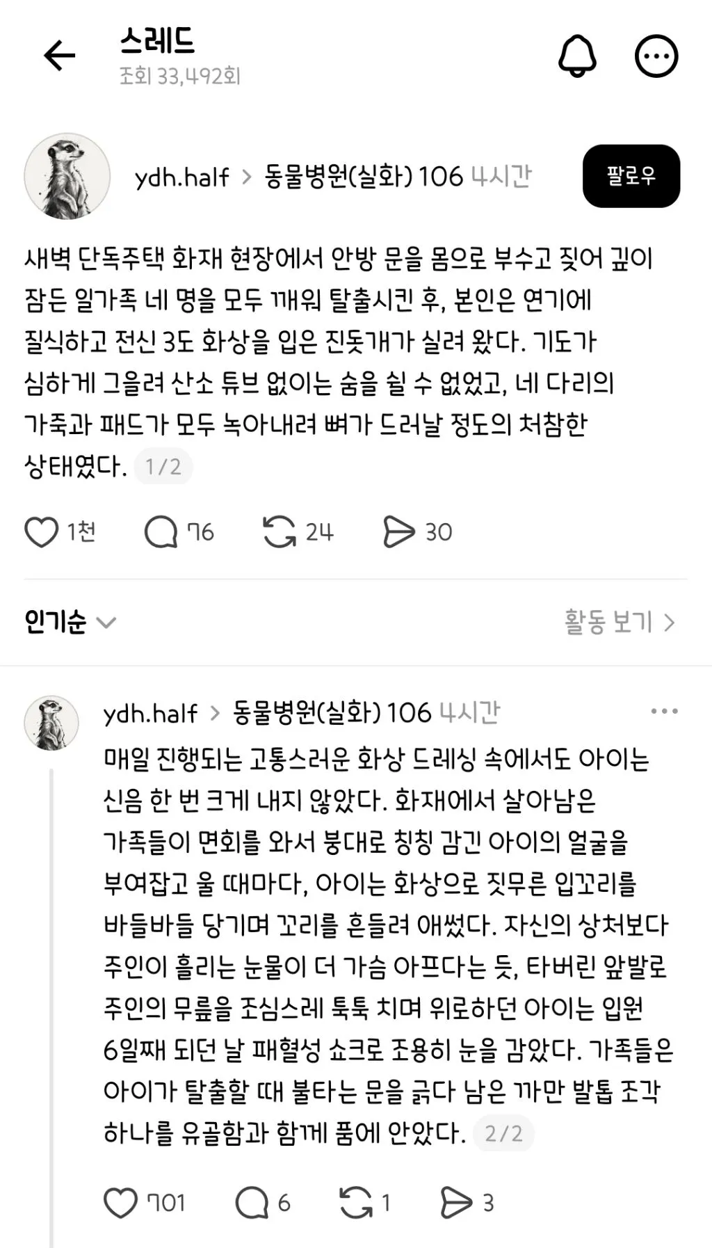 화재현장에서 사람가족들 구하고 무지개다리 건넌 강아지