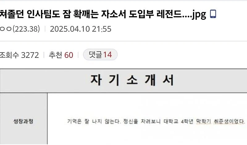 쳐졸던 인사팀도 잠 확깨는 자소서 도입부 레전드..