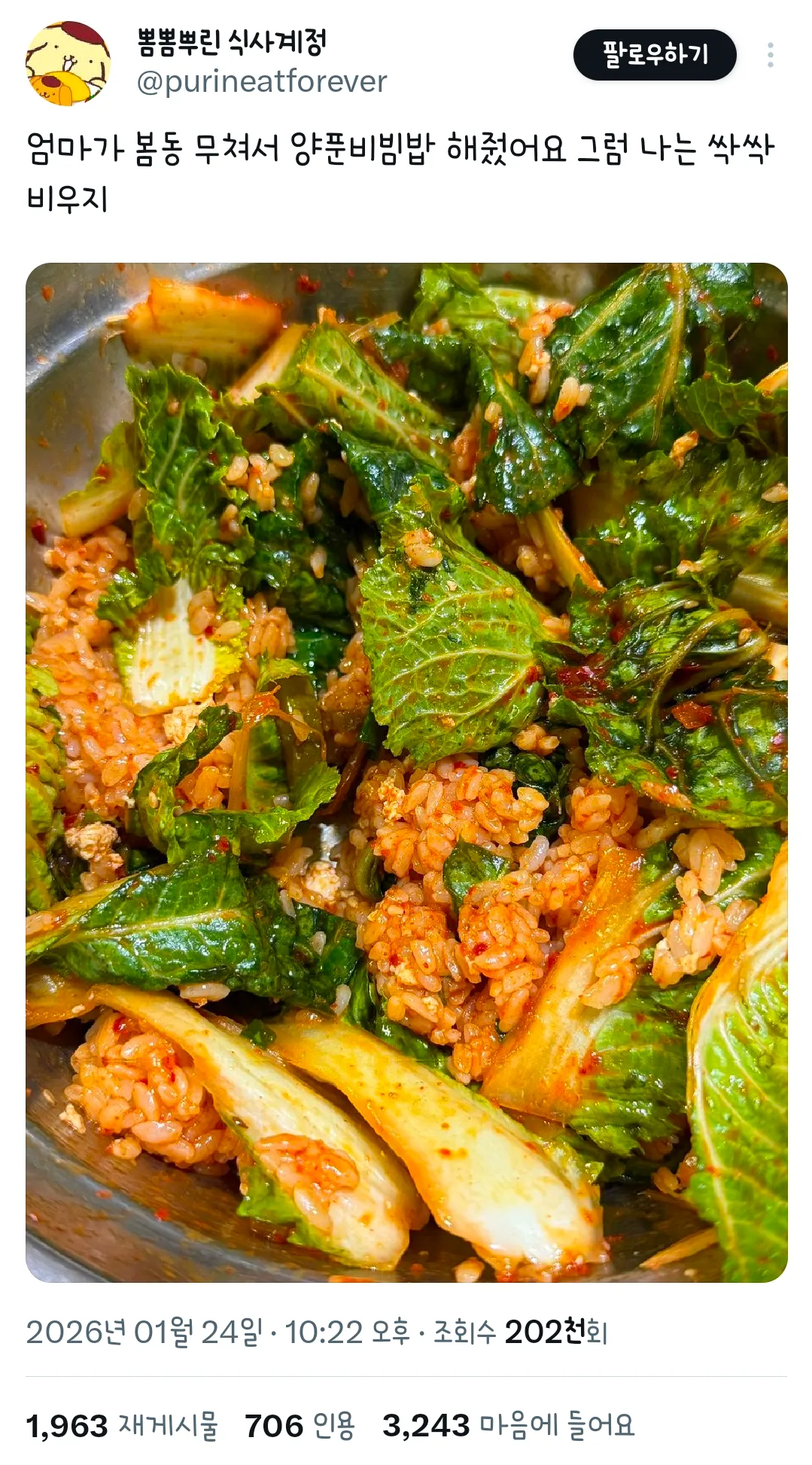 엄마가 봄동 무쳐서 양푼비빔밥 해줬어요