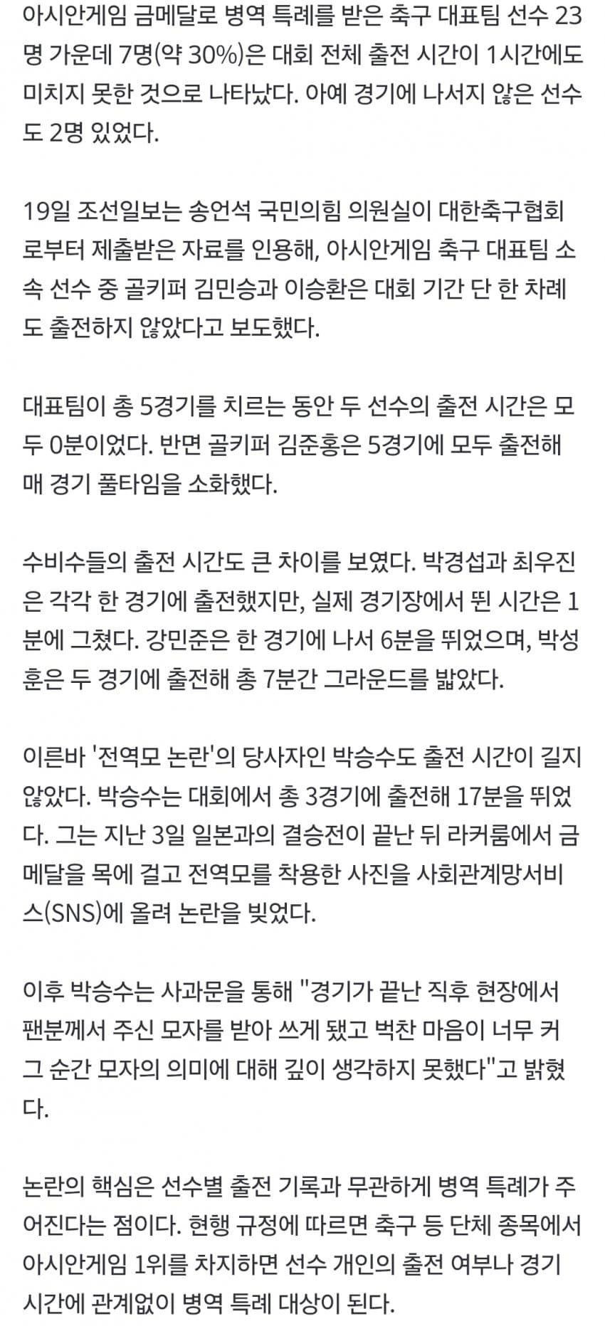 '전역모' 논란 박승수, 17분뛰고 병역 특례 ..30% 1시간미만 출전 (3)
