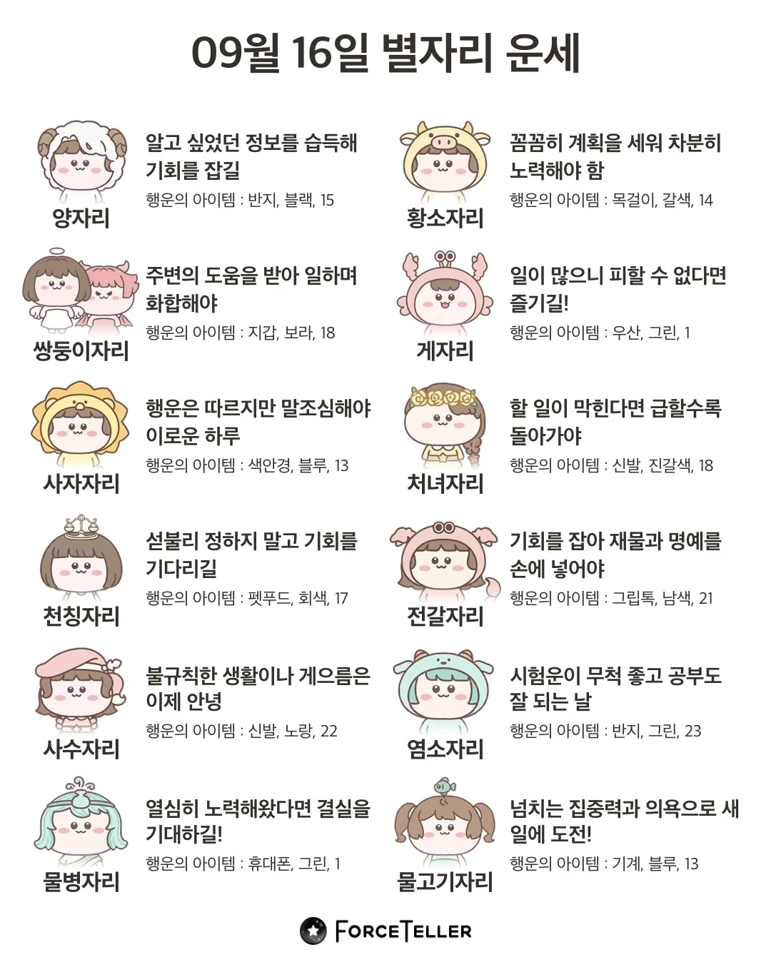 🍀9월 16일 별자리/띠별 운세🍀