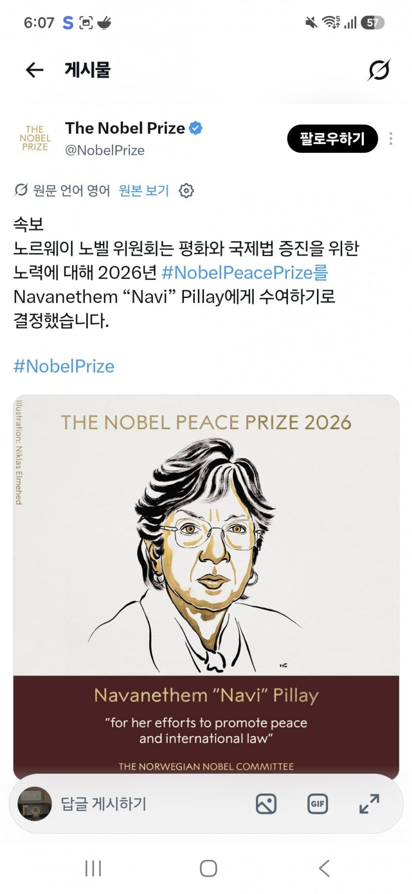 2026 노벨 평화상: 나비 필라이(전 UN 인권고등판무관/ICC재판관) (8)