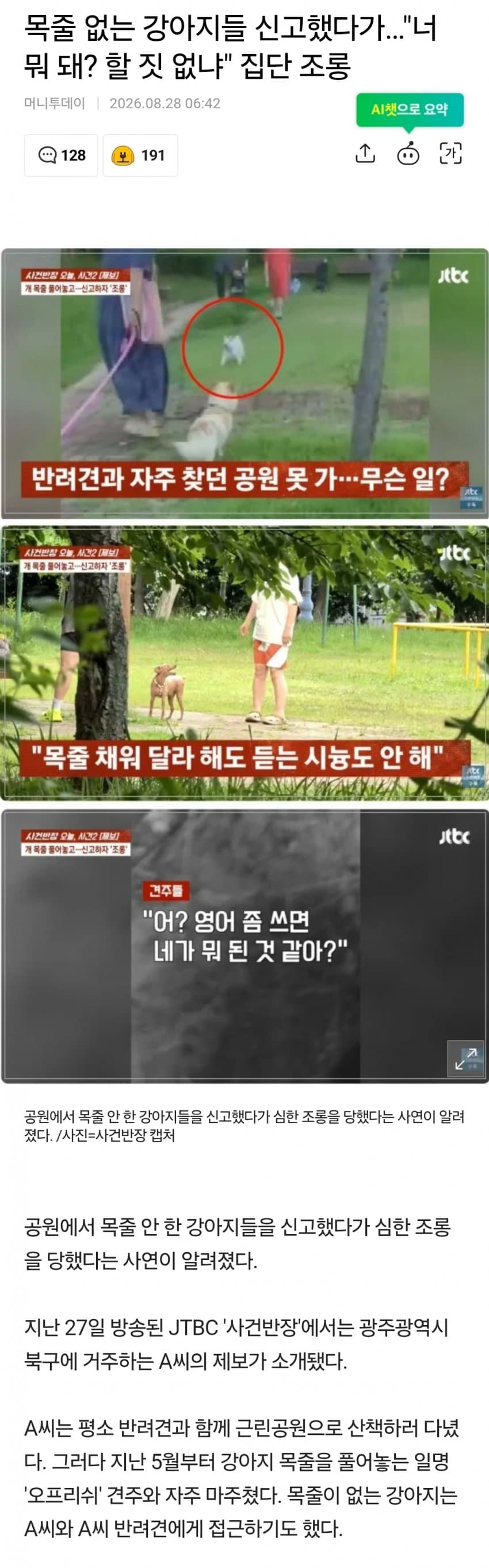목줄 없는 강아지들 신고했다가…"너 뭐 돼? 할 짓 없냐" 집단 조롱