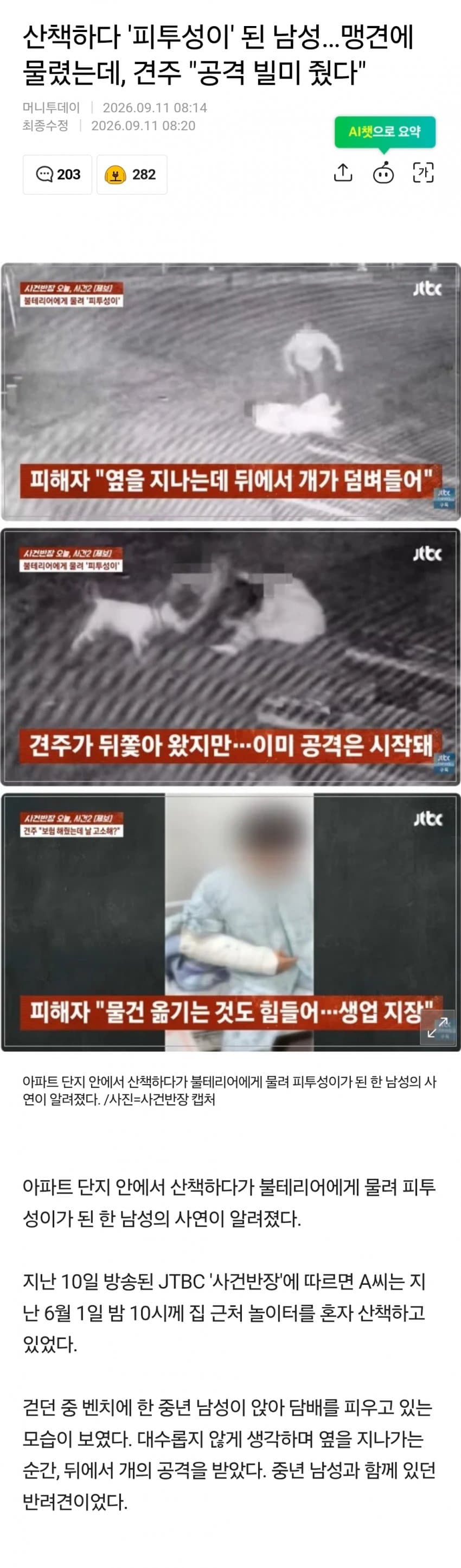 산책하다 '피투성이' 된 남성…맹견에 물렸는데, 견주 "공격 빌미 줬다"