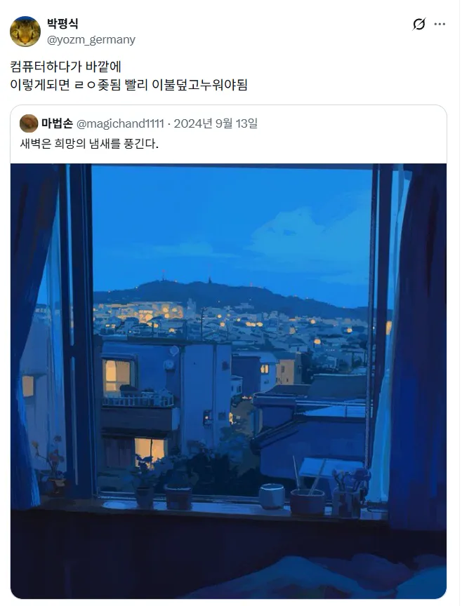 백수들 밤새 컴퓨터하다 맞이하면 ㅈ되는 풍경