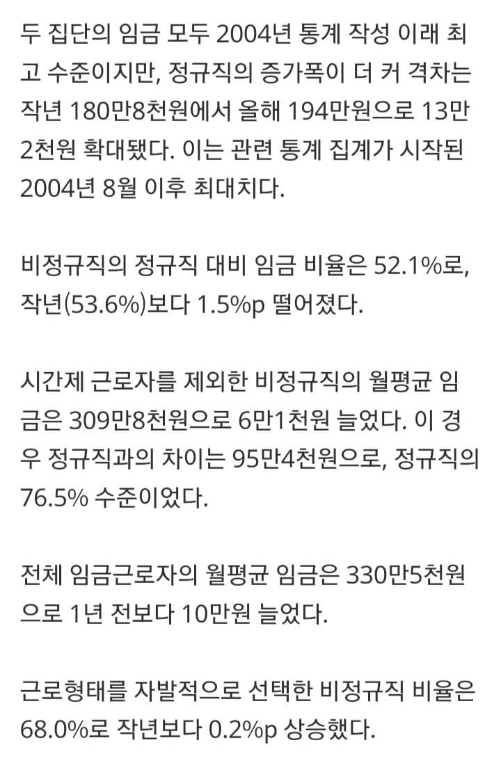 비정규직 비율 38.5% '역대 최고'... 임금 격차 194만원 (7)