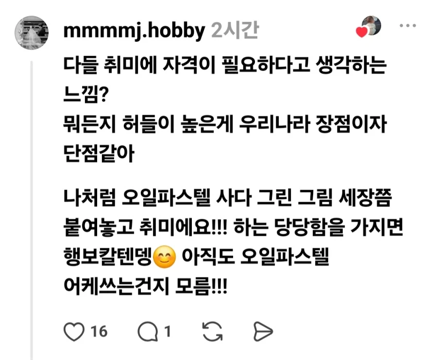 한국에서는 취미를 너무 거창하게 생각한다 (2)