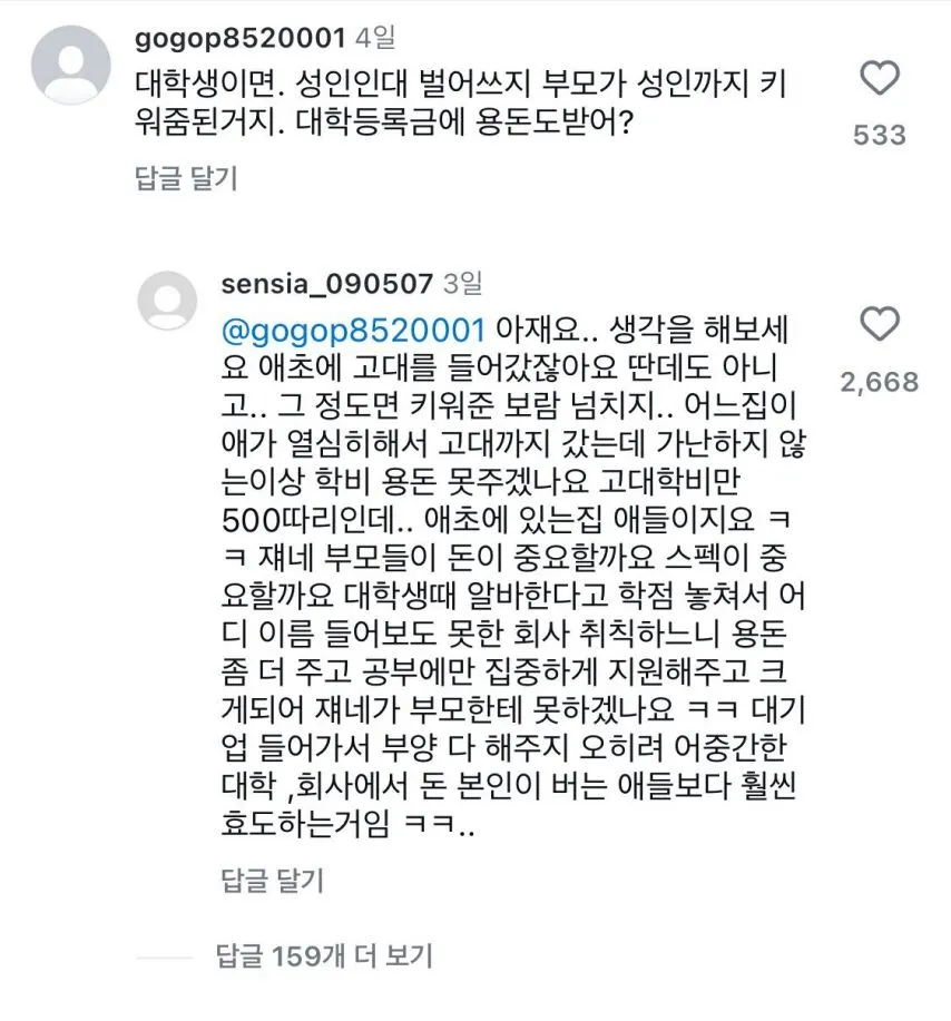 대학생들 용돈 논란