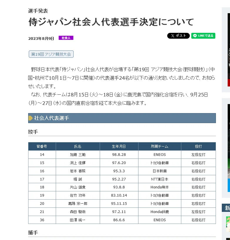 밑에 있는 아시안게임 일본야구 국대 사회인야구라고 명기한거는 원래 그랬음