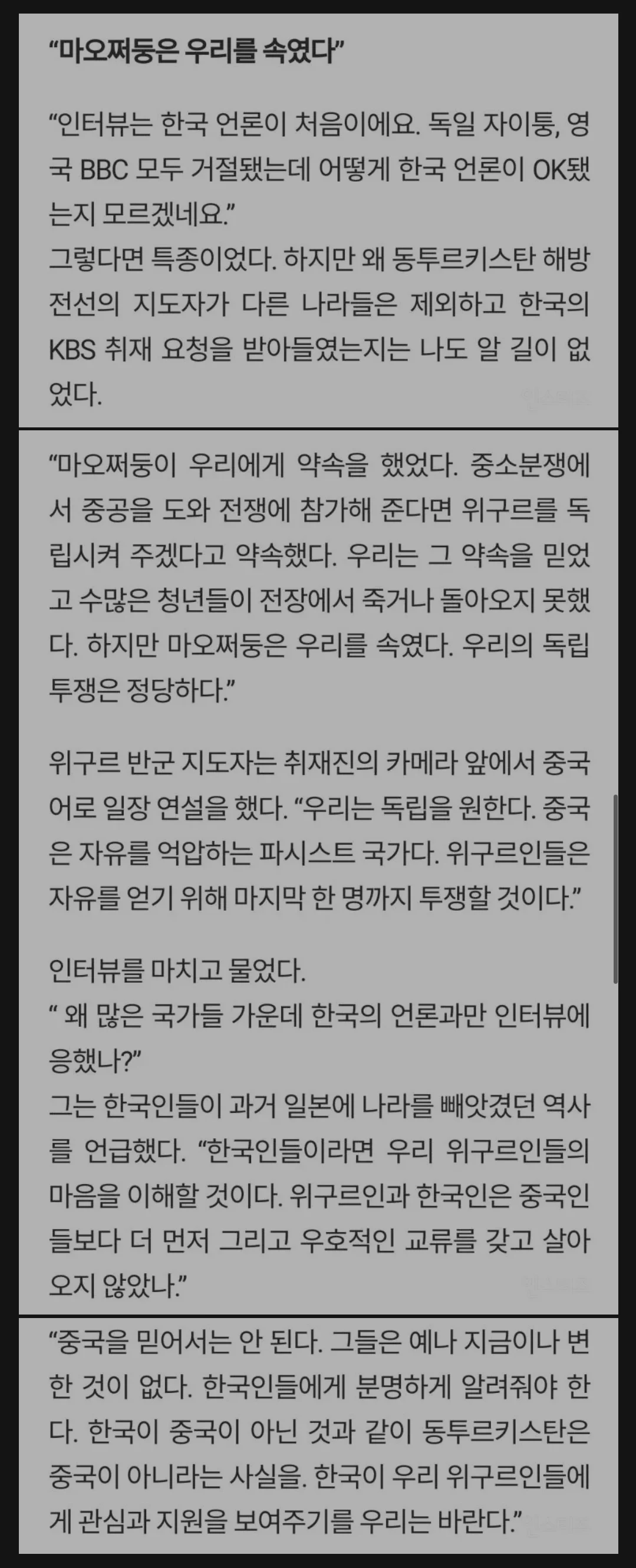 위구르 독립군이 한국에게 전한 말