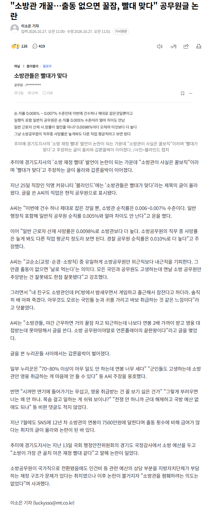 "소방관 개꿀…출동 없으면 꿀잠, 빨대 맞다" 공무원글 논란