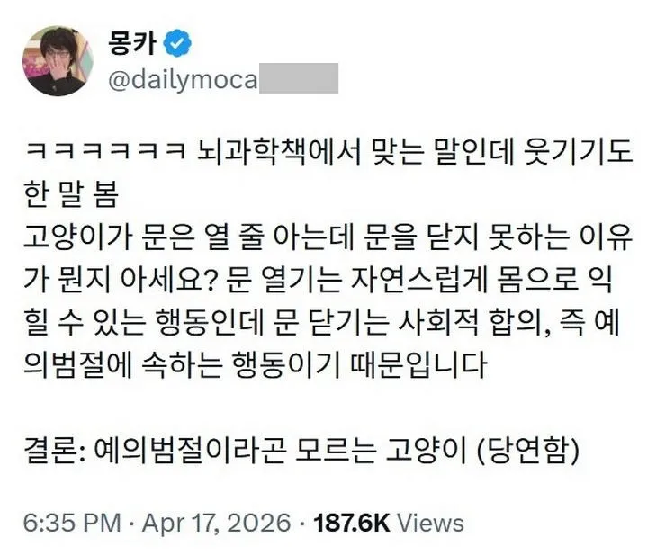 X] 고양이가 문은 열 줄 아는데 문을 닫지 못하는 이유.twt
