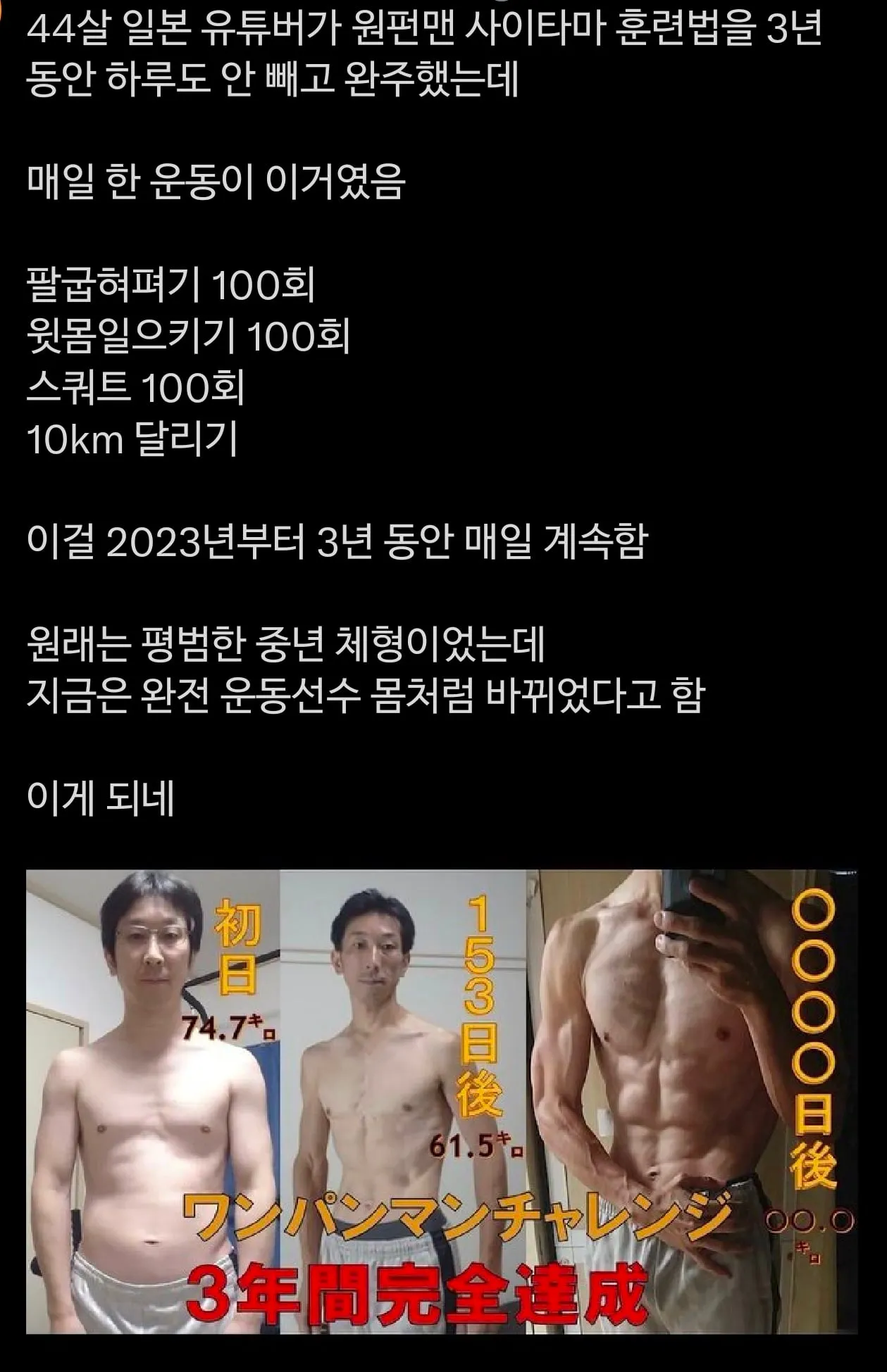 3년동안 원펀맨 운동을 한 44세 일본 유튜버