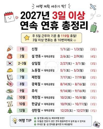2027년 3일이상 연휴 정리