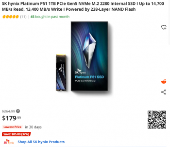 [뉴에그] SK하이닉스 Platinum P51 M.2 NVMe 1TB 외 2TB ($299.99)