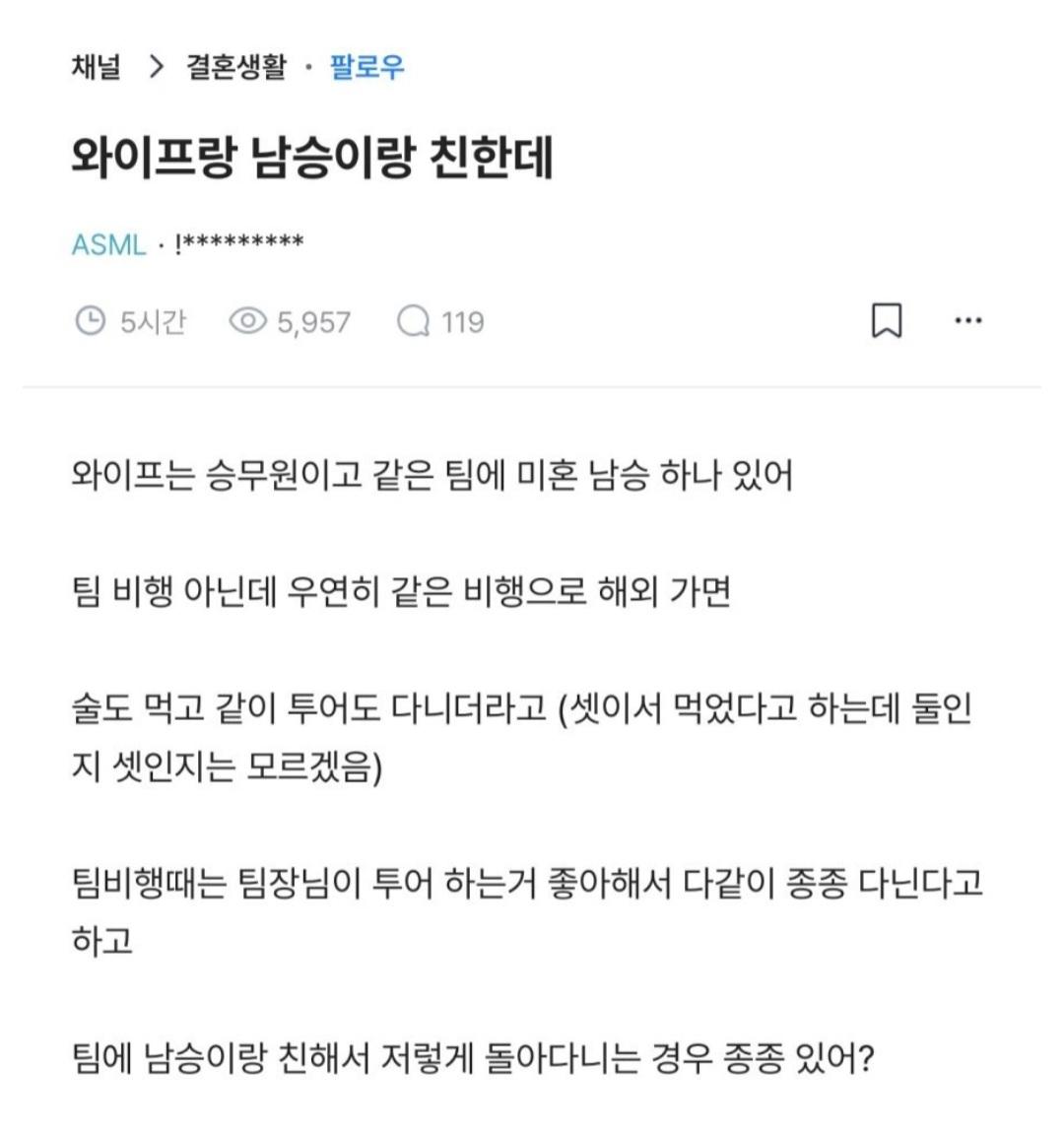 스튜어디스 와이프가 남승무원이랑 친한데