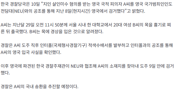 서울 시내 대학서 20대 여성 찌르고 출국한 영국인 남성 검거 (2)