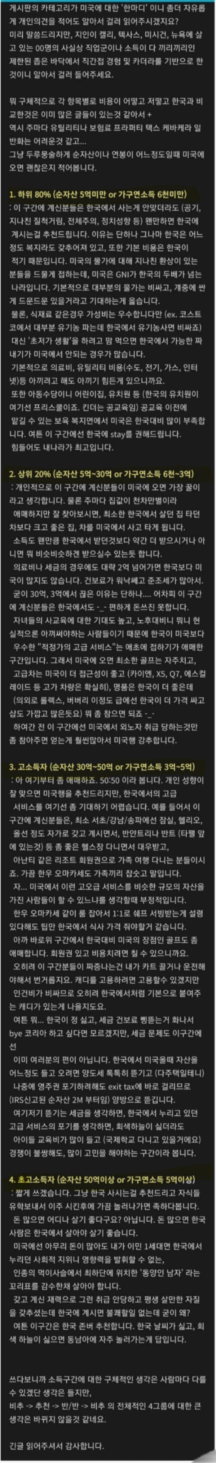 소득별 미국 이민 추천 여부..