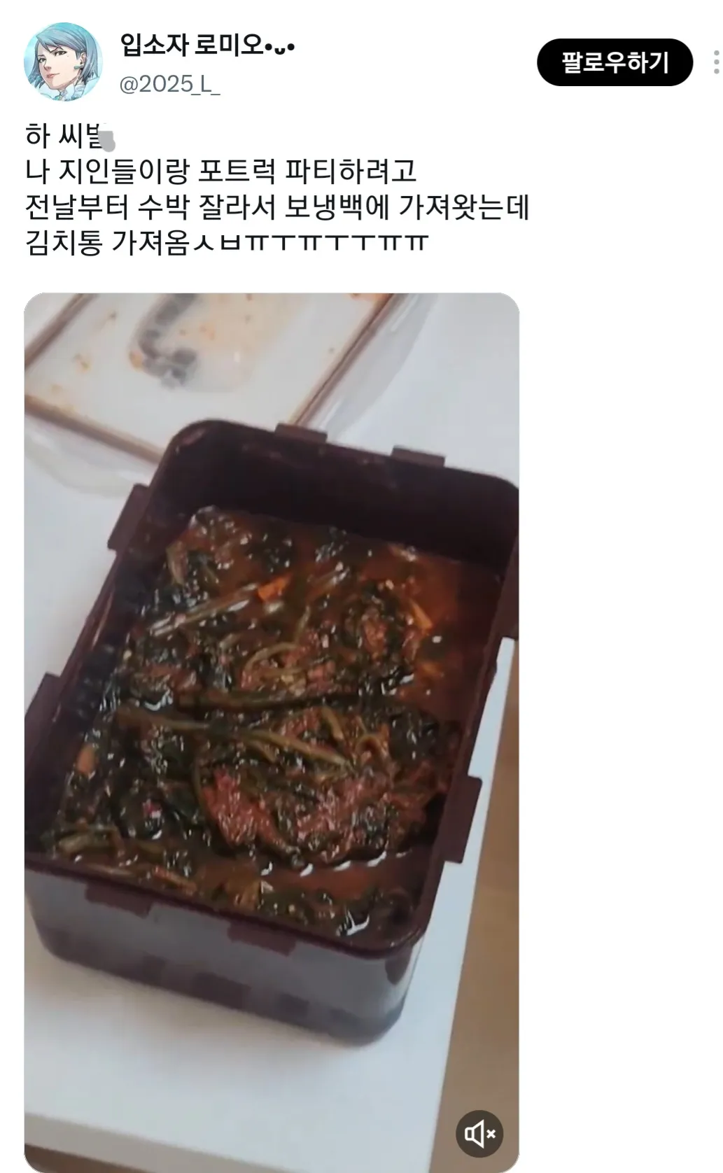 포트럭 파티할려고 수박 준비했는데 그냥 김치 가져온 사람 됨.twt