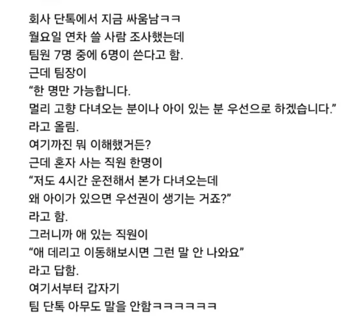 연휴 이후 월요연차 때문에 난리난 회사 단톡방