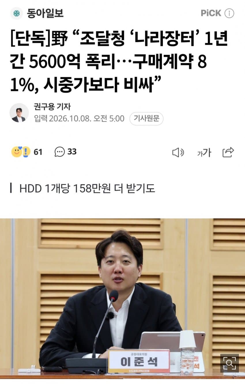 野 "조달청 ‘나라장터’ 1년간 5600억 폭리…구매계약 81%"