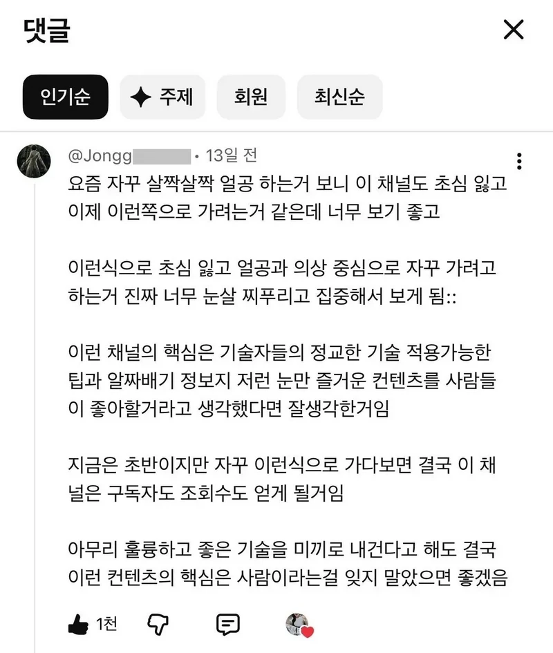 초심잃은 유튜버에게 일침 날리는 댓글 (2)