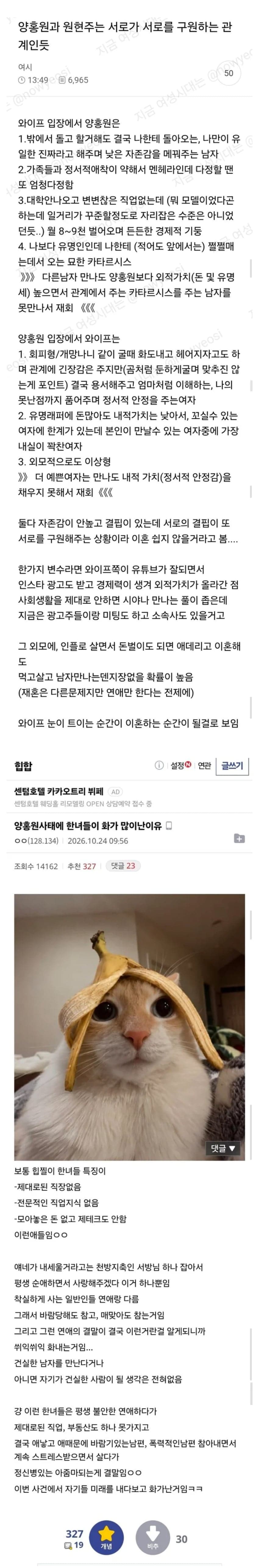 양홍원 사건 이후 남초와 여초의 반응