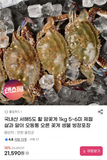 [지마켓] 국내산 서해5도 활 암꽃게 1kg 5-6미