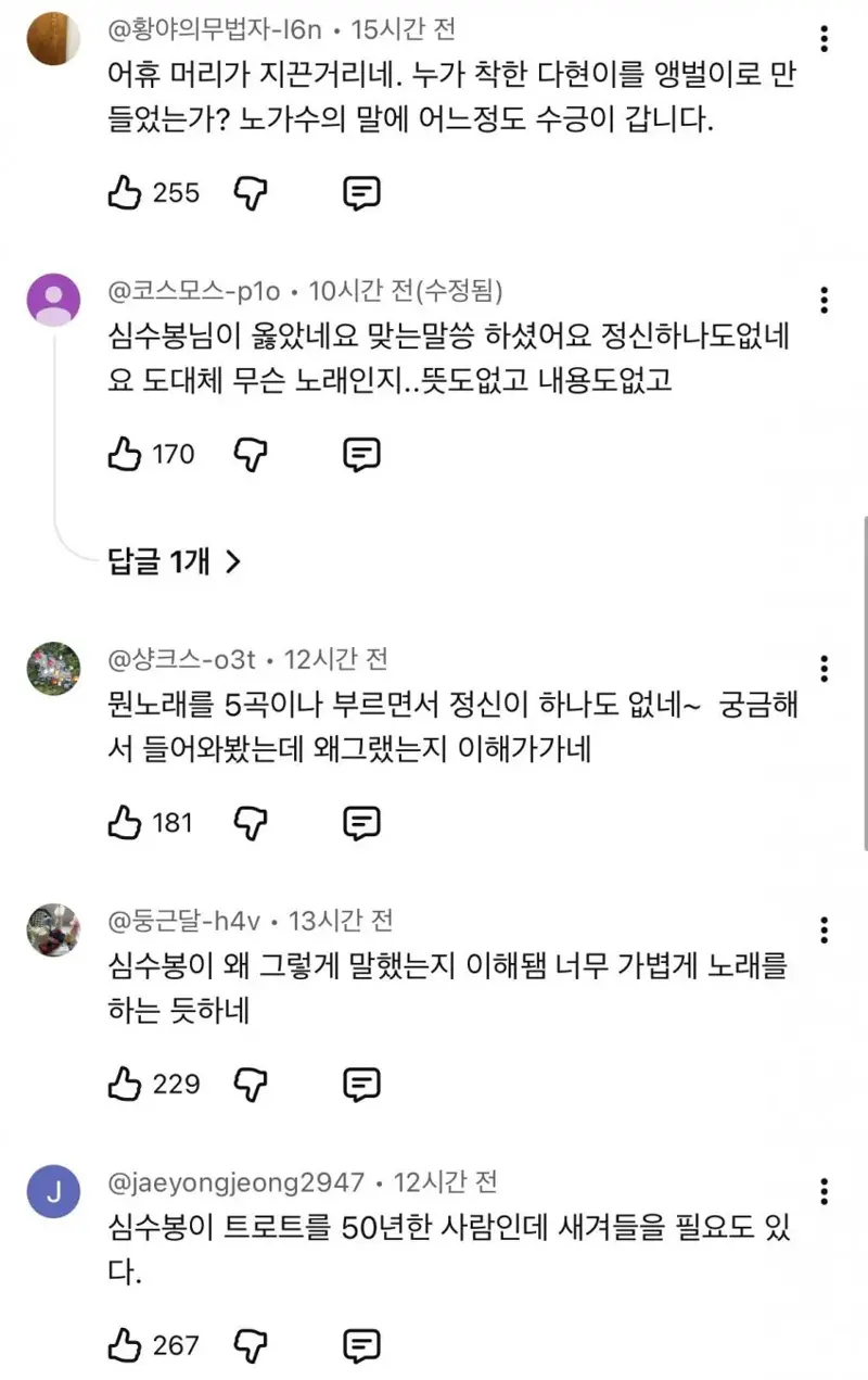 심수봉이 저격했다는 김다현 무대 영상 댓글 (2)