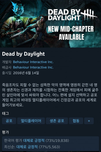[스팀] Day by daylight -60% OFF