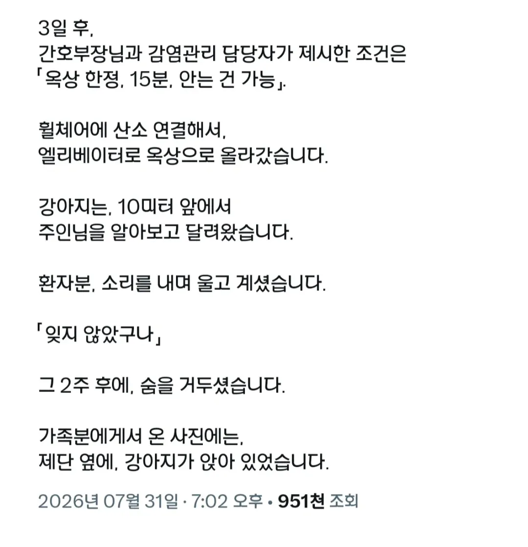 입원 기간이 길어지던 환자, 우리 강아지가 15살인데...