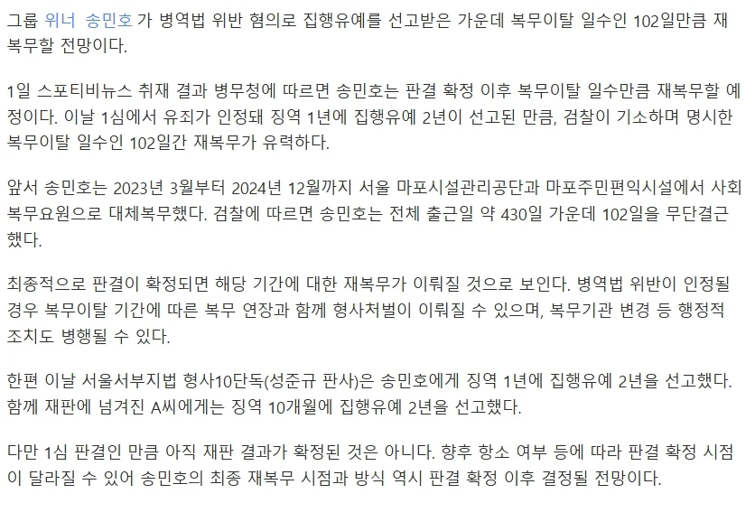 [단독]'부실복무' 실형 피한 송민호, 102일 재복무 한다…"복무이탈 일수만큼" (3)