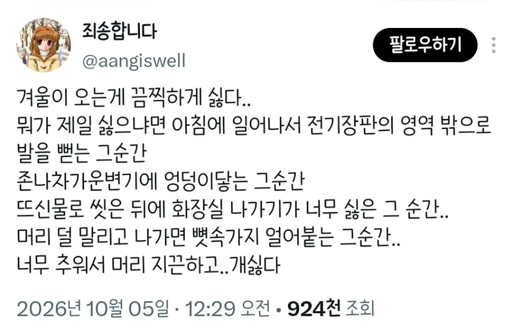 겨울이 오는게 끔찍하게 싫다...twt