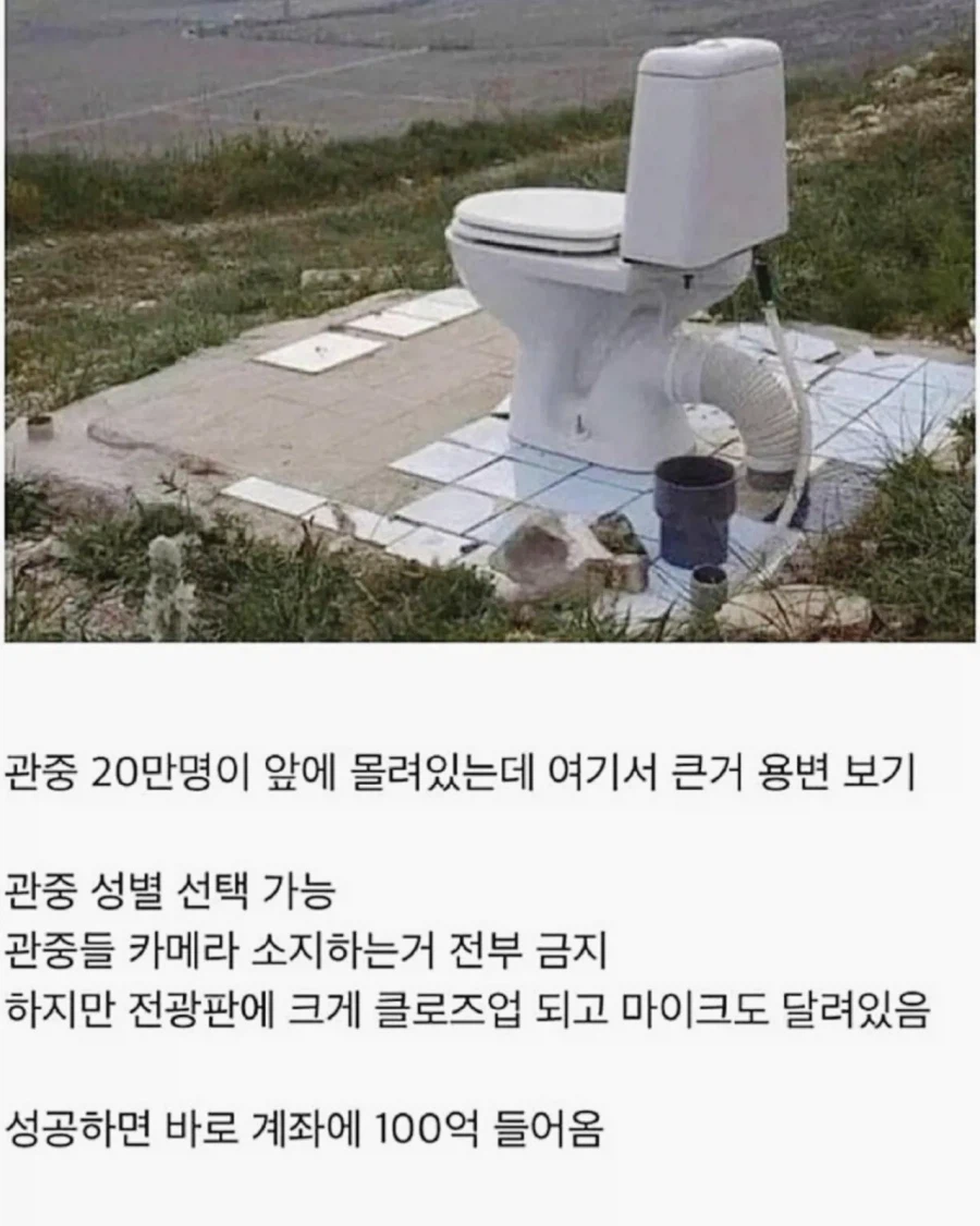 관중 20만명 앞에서 큰거 용변 보기. 성공시 100억
