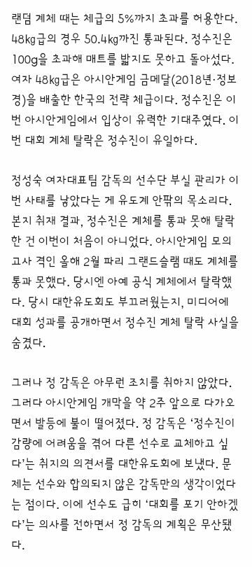 밥 먹어” 감독 지시 따랐다…유도 정수진, 계체 탈락 폭로 (4)