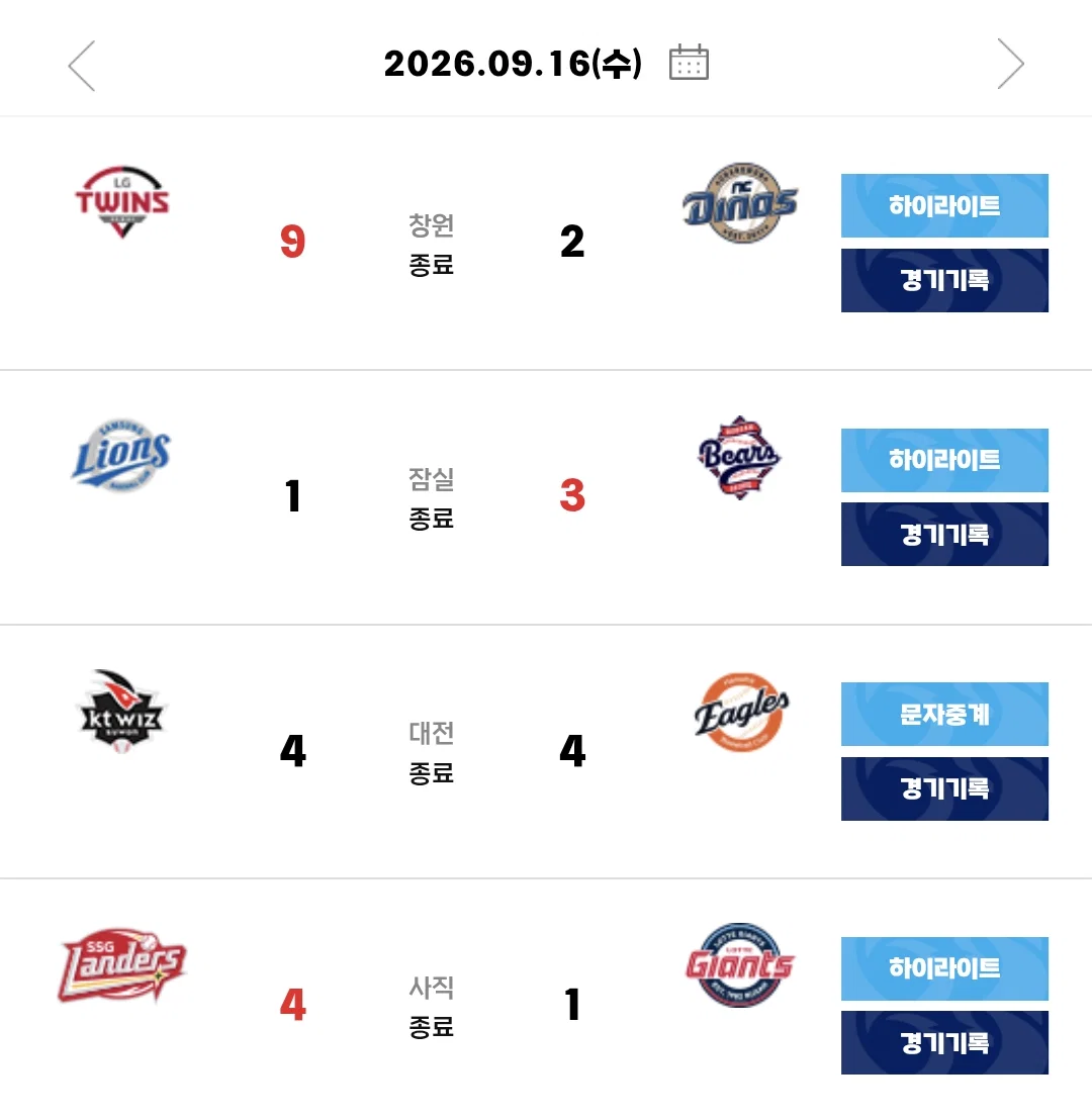 [KBO] 프로야구 9월 16일 경기결과 & 순위 (89%)