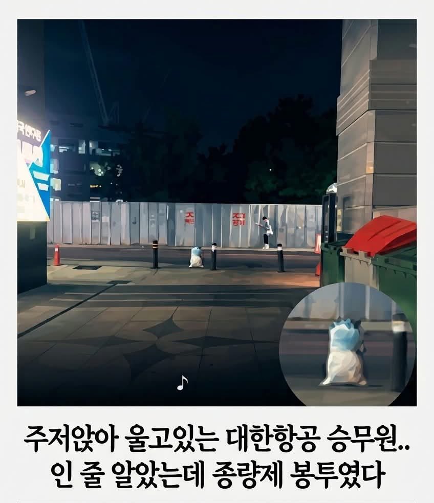 대한항공 승무원이 쭈그려 앉아 울고....
