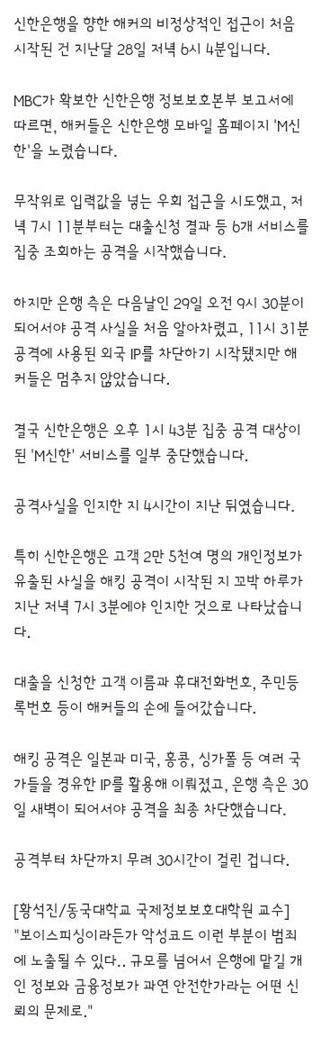 밤새 공격받은 신한은행, 하루 뒤에야 인지‥2만 5천 명 정보 탈취당해 (2)
