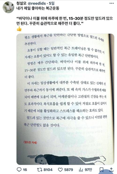 하루 15분 엎드려 있으면 복근운동됨