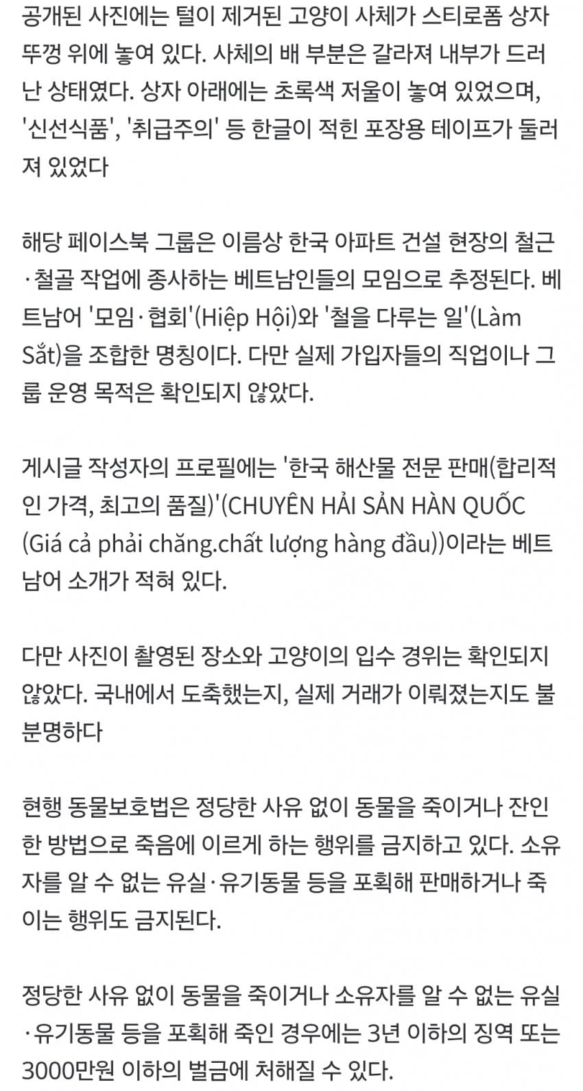 한국 거주 베트남인 커뮤니티에 '고양이 고기' 판매글 '충격' (4)