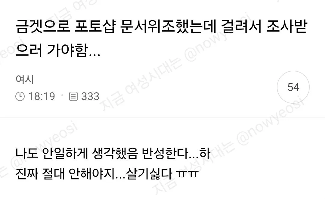여시에서 문서위조 도와줬는데 걸려서 조사받으러 가야함...