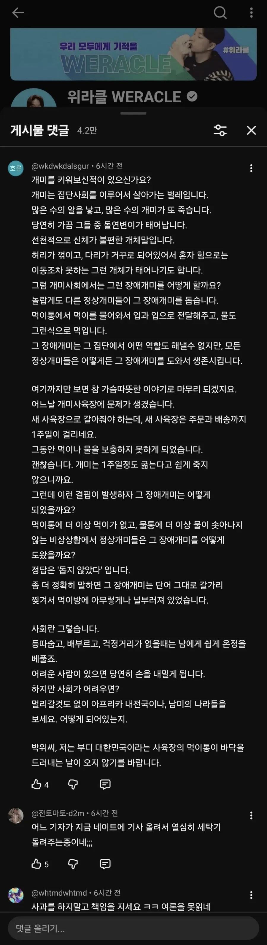 박위 채널에 달린 살벌한 댓글