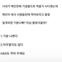 너네가 애인한테 기념품으로 먹을 거 사다줬는데 애인이 회사사람들한테 먹어보라고 돌림. 알게되면 기분나빠? 아님 별생각없어?